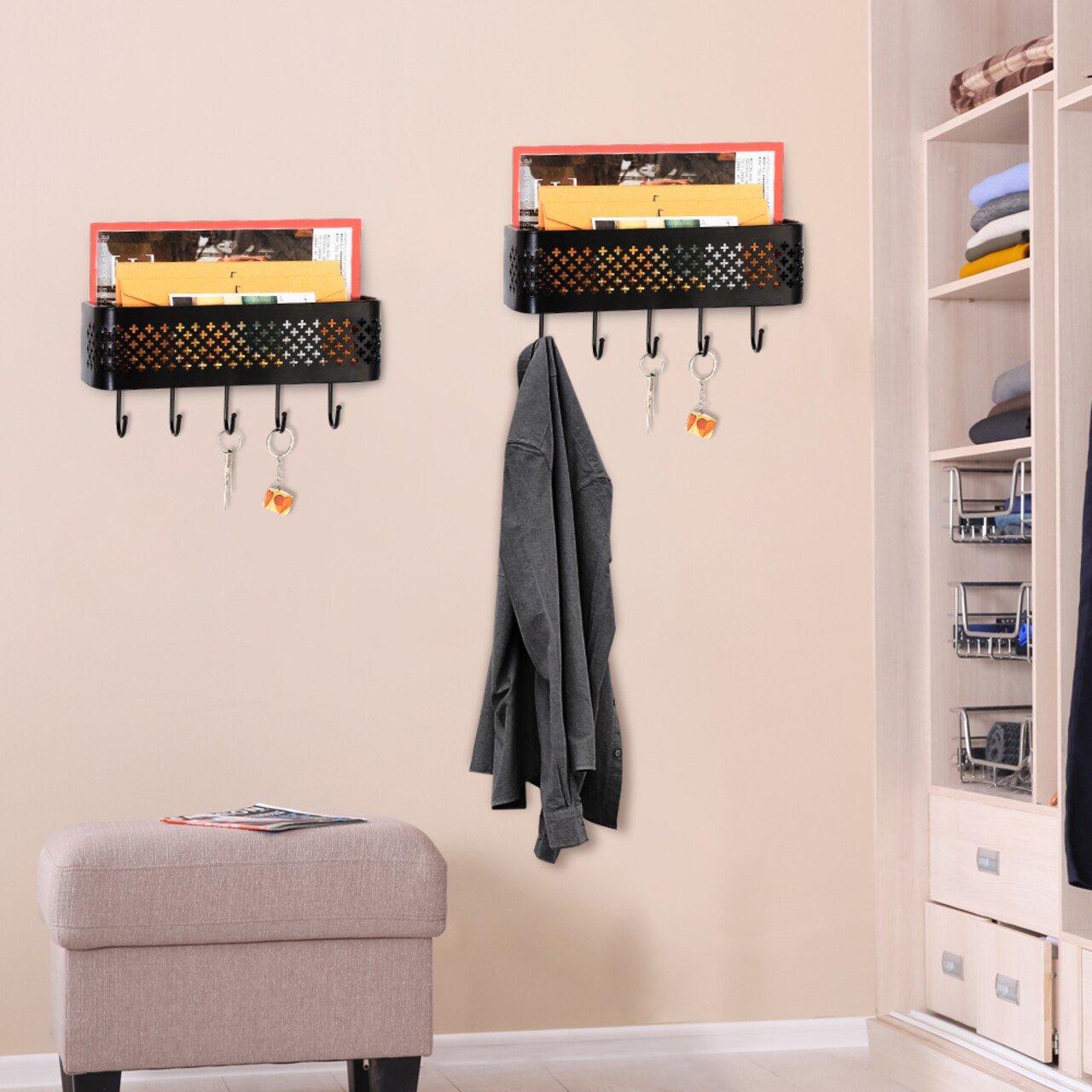 Set of 2 Wall-Mounted Entryway Organizers – Rust-Resistant Steel Key Hooks & Storage Shelf with 5 Hooks, Compact 11"x3"x3" Design for Mail, Keys, Essentials